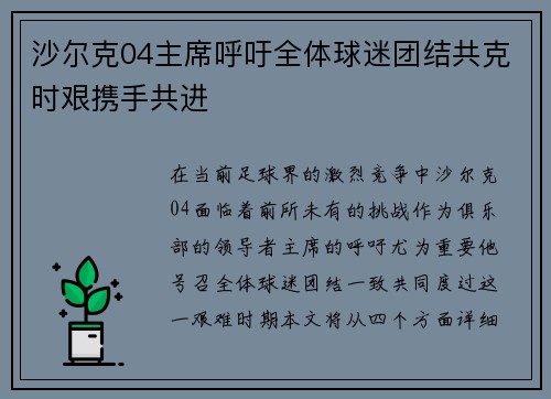 沙尔克04主席呼吁全体球迷团结共克时艰携手共进