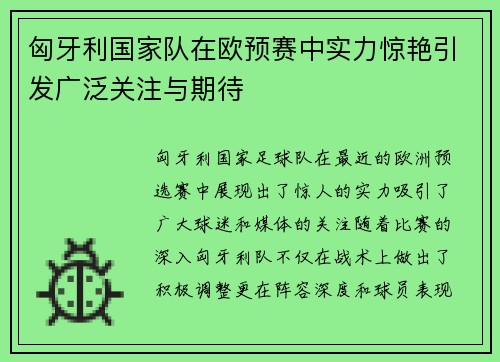 匈牙利国家队在欧预赛中实力惊艳引发广泛关注与期待