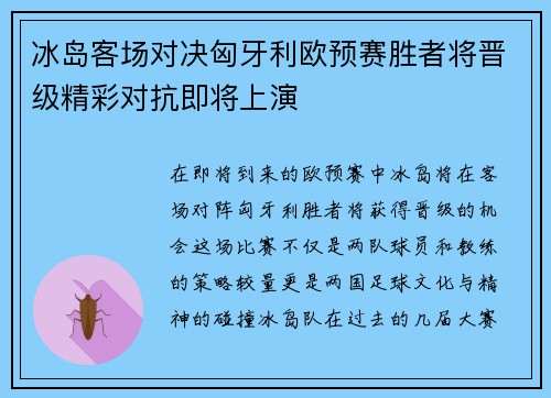 冰岛客场对决匈牙利欧预赛胜者将晋级精彩对抗即将上演