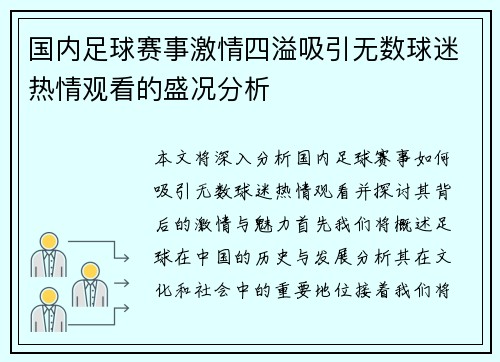 国内足球赛事激情四溢吸引无数球迷热情观看的盛况分析