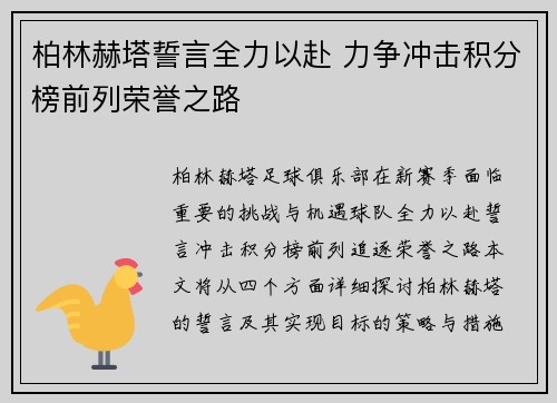 柏林赫塔誓言全力以赴 力争冲击积分榜前列荣誉之路