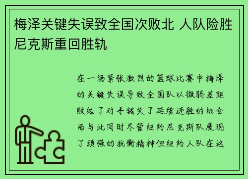 梅泽关键失误致全国次败北 人队险胜尼克斯重回胜轨