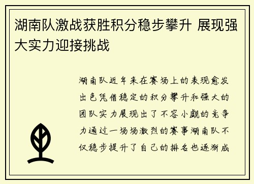 湖南队激战获胜积分稳步攀升 展现强大实力迎接挑战