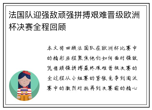 法国队迎强敌顽强拼搏艰难晋级欧洲杯决赛全程回顾