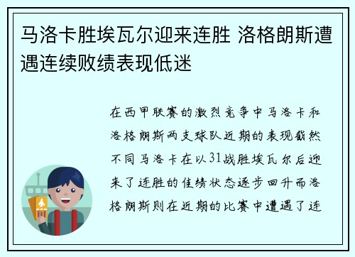 马洛卡胜埃瓦尔迎来连胜 洛格朗斯遭遇连续败绩表现低迷