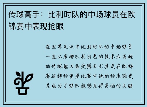 传球高手：比利时队的中场球员在欧锦赛中表现抢眼