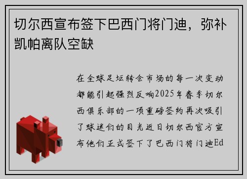 切尔西宣布签下巴西门将门迪，弥补凯帕离队空缺