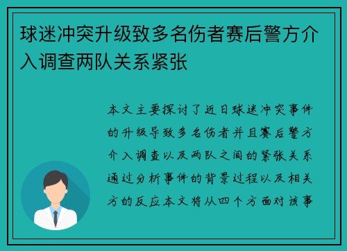 球迷冲突升级致多名伤者赛后警方介入调查两队关系紧张