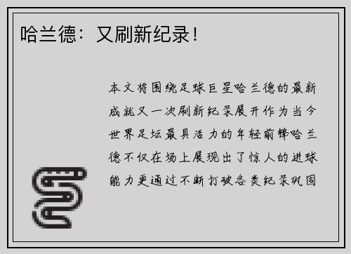 哈兰德：又刷新纪录！